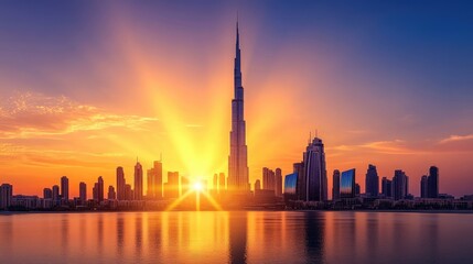 Obraz premium A stunning view of the sun rising behind a modern city building, casting warm golden light across the skyline with a clear blue sky