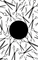 Abstract composition with  black round copy space made with professional black thinning scissors isolated on white.