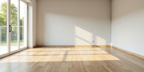 Fototapeta premium Sunlit Empty Room with Hardwood Floor and Sliding Glass Door to a Verdant Garden
