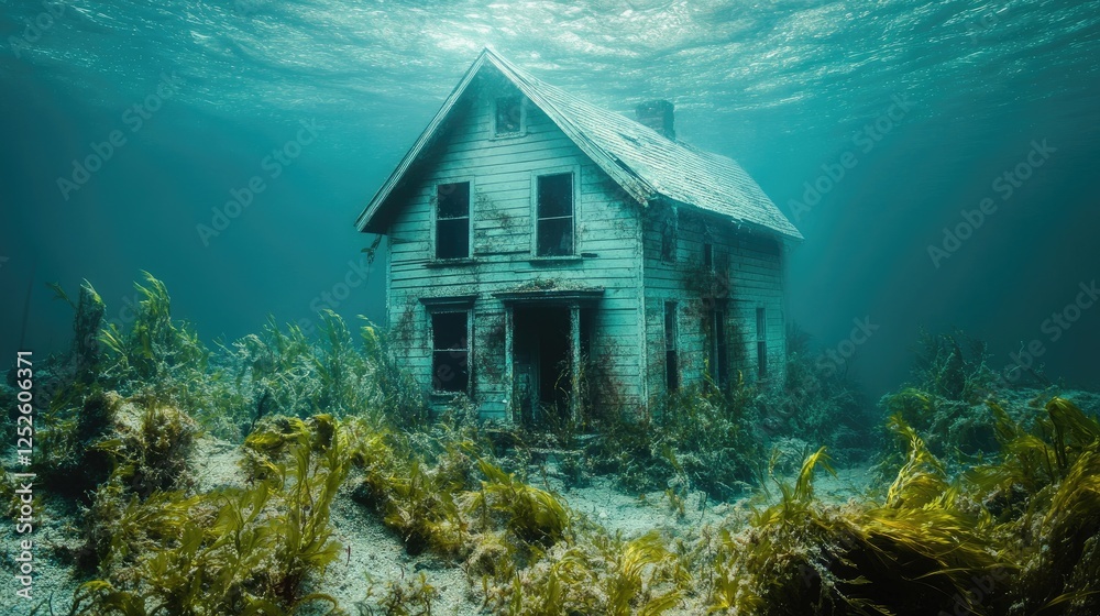 Poster a submerged house surrounded by seaweed and oceanic life, resting on the ocean floor in a captivatin