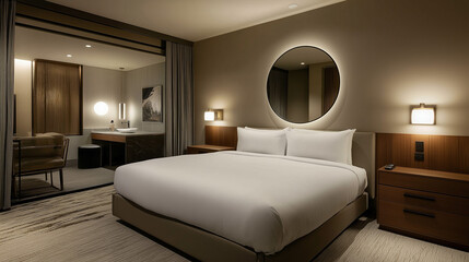 Minimalist sleek round mirror centered in a spacious, well-lit room enhancing contemporary interior design elegance