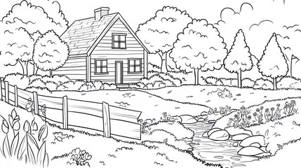 Obraz premium Country house, stream, spring, nature, coloring page