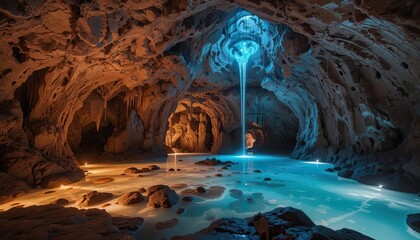 A glowing cave pool deep underground, illuminated by natural phosphorescent minerals embedded in the rock walls.
