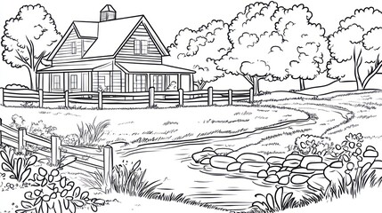 Obraz premium Rural farmhouse by stream, idyllic countryside scene, coloring page