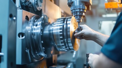 Fototapeta premium A detailed view of a machinist operating CNC machinery in a modern factory setting, CNC machining scene, Precision and high-tech style