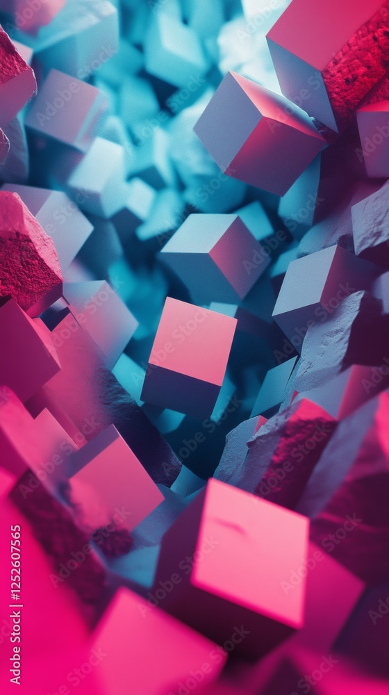 Poster abstract 3d background wallpaper with geometric shapes floating in a vast space bold colors like mag
