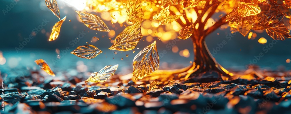 Poster stunning golden tree with leaves creating a mesmerizing glow in a dreamy landscape