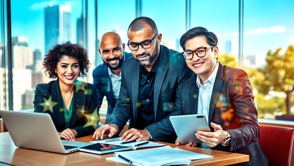 Formal collaborative business meeting in an office environment, emphasizing strategic data analysis and problem-solving among clients, stockholders, and professional associates.