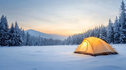 Winter camping tent glows at sunset in snowy mountains