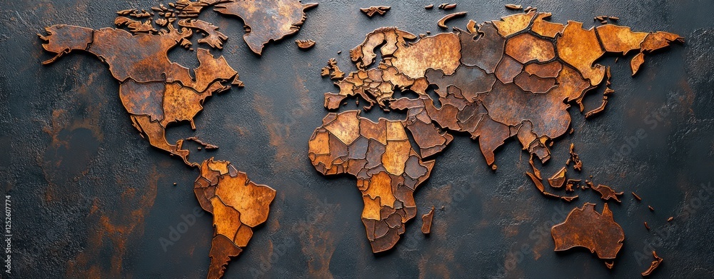 Aufkleber vintage world map design made of rustic metal plates with unique texture and dynamic earth tones