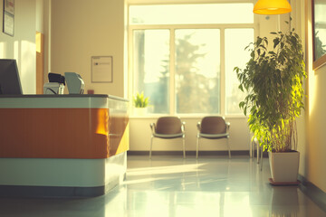 Fototapeta premium Modern bright dental office waiting room featuring friendly receptionist and welcoming, efficient patient care environment