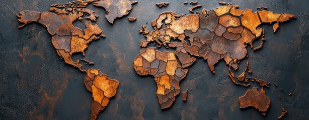 Fototapeta premium Vintage World Map Design Made of Rustic Metal Plates with Unique Texture and Dynamic Earth Tones