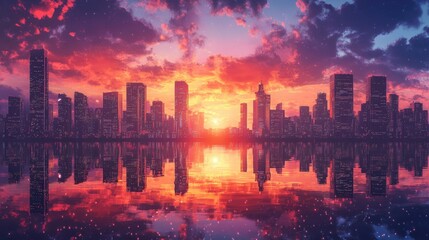 Fototapeta premium A vibrant sunset over a city skyline is mirrored perfectly in the calm waters below, creating a serene and breathtaking view of urban beauty at dusk