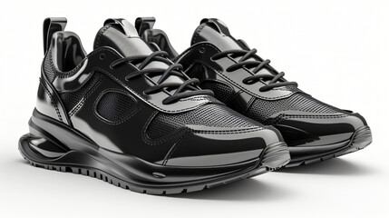 Black sneakers isolated on white background, sport shoe concept