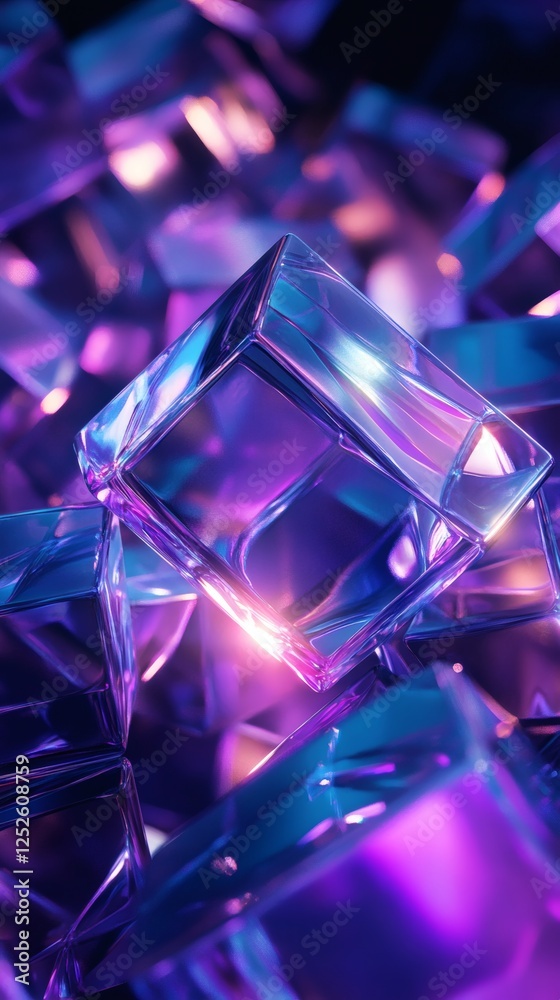 Poster abstract 3d render of floating purple and blue geometric prisms reflecting glowing light the shapes 