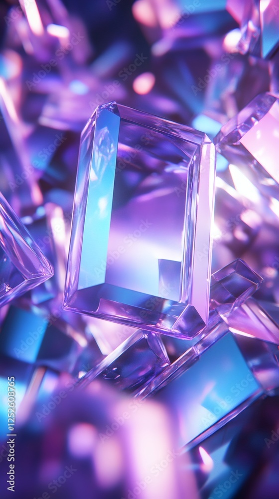 Fototapete abstract 3d render of floating purple and blue geometric prisms reflecting glowing light the shapes 