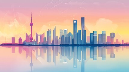 Fototapeta premium Shanghai Skyline Reflected in Calm Waters at Sunset