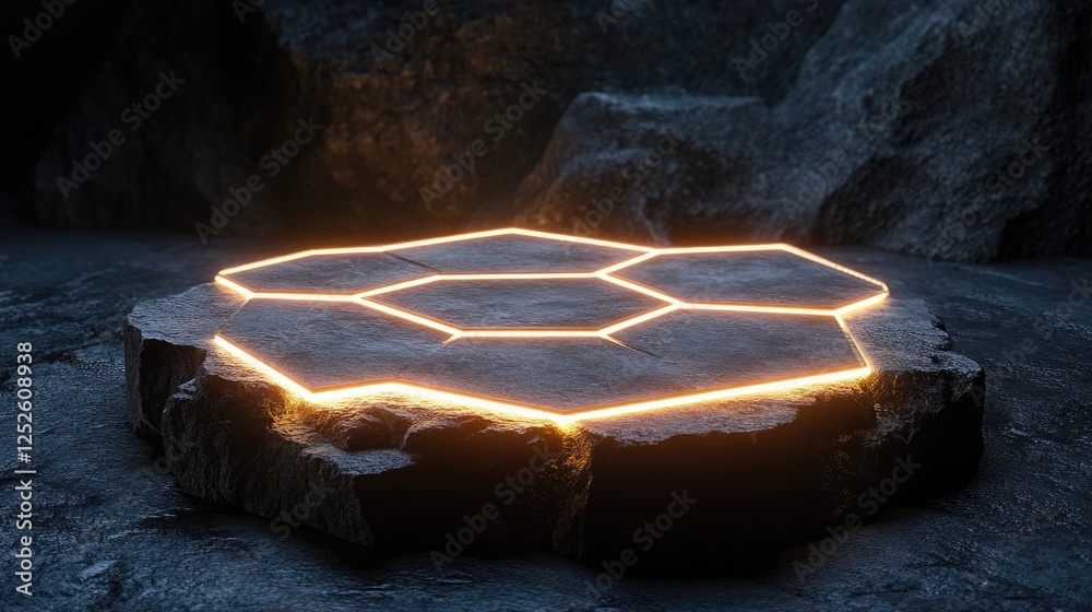 Poster An illuminated hexagonal pattern on a circular stone platform, glowing softly in a dark environment, highlighting the elegant, futuristic design