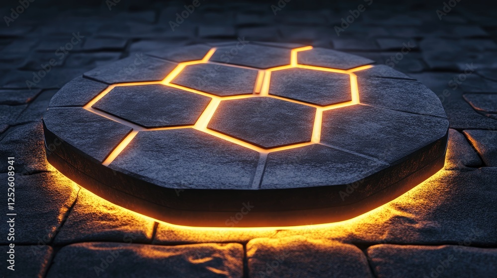 Poster An illuminated hexagonal pattern on a circular stone platform, glowing softly in a dark environment, highlighting the elegant, futuristic design