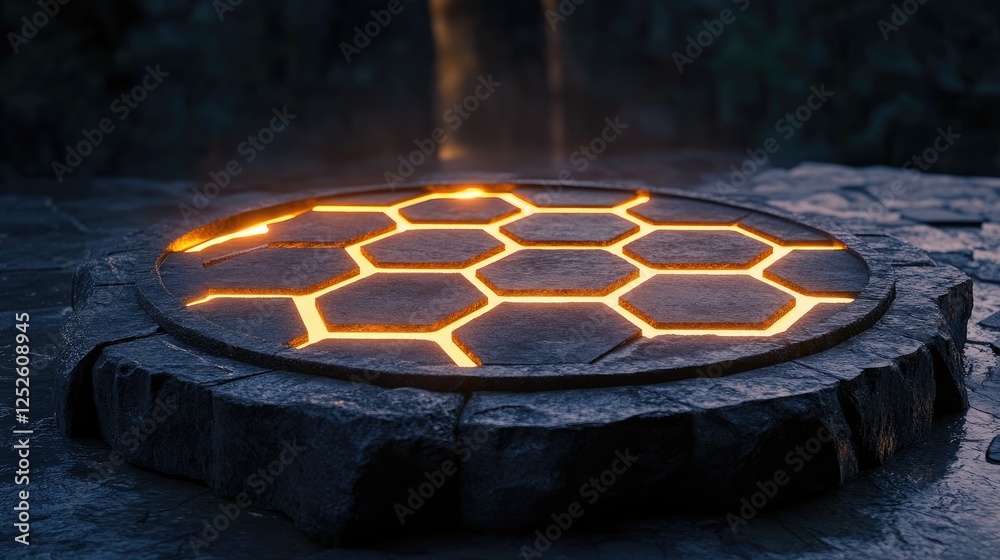 Poster An illuminated hexagonal pattern on a circular stone platform, glowing softly in a dark environment, highlighting the elegant, futuristic design