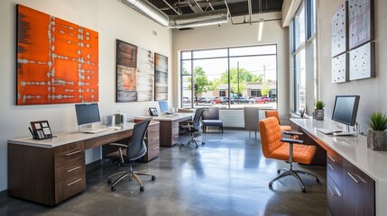 Modern Office Space with Large Windows and Abstract Art