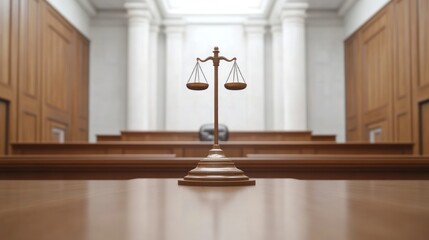 Naklejka premium Golden Scales of Justice in Empty Courtroom with Elegant Architecture and Soft Lighting Effects