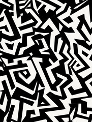 Chaotic pattern of interwoven black and white geometric shapes, creating a striking modern abstract design