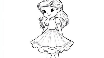 Girl, dress, happy, cute, drawing, child, illustration, white background, coloring page