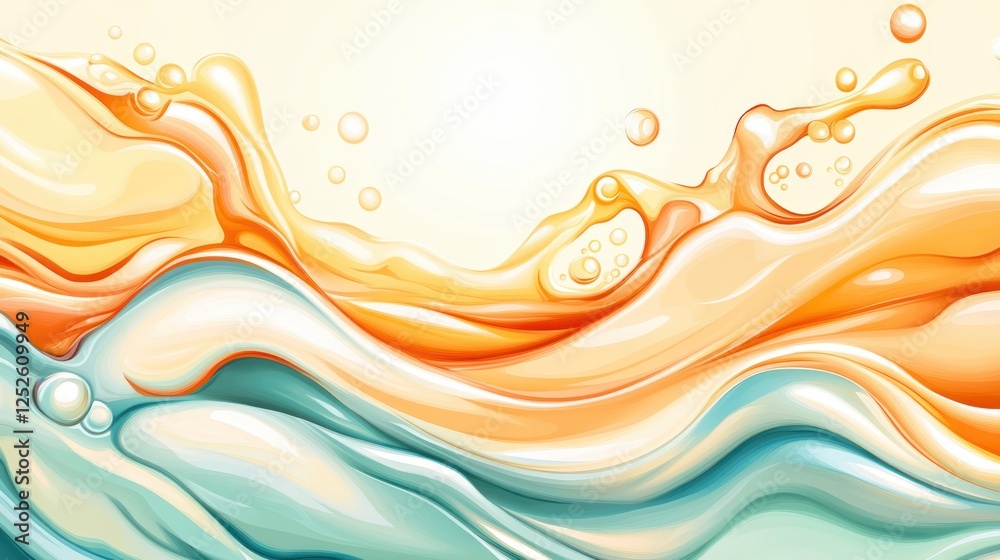Poster abstract waves of orange and aqua fluid design with bubbles and natural light background for creativ