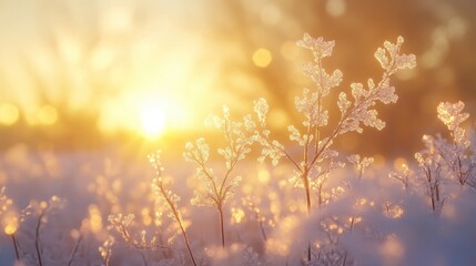 Obraz premium Frost-covered plants gently glow in the golden light of sunset, creating a serene and peaceful winter scene filled with natural beauty