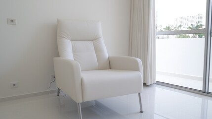 White leather armchair by window, bright apartment