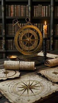An aged wooden table covered with detailed star charts, alchemical symbols, and ancient scientific manuscripts. A golden astrolabe, open scrolls showing mathematical formulas