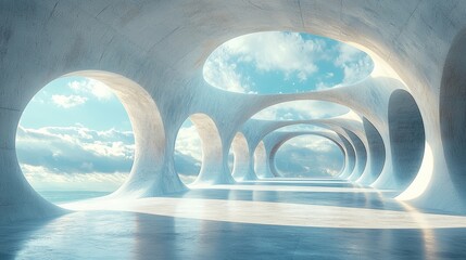 3d render surreal white minimal architecture background with geometric shapes, abstract fantastic design , landmark futuristic panoramic, futuristic scene with copy space, blue sky and cloudy