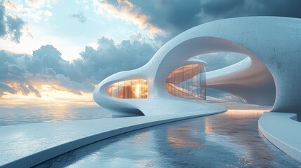 3d render surreal white minimal architecture background with geometric shapes, abstract fantastic design , landmark futuristic panoramic, futuristic scene with copy space, blue sky and cloudy