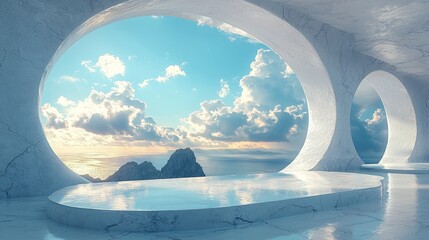 3d render surreal white minimal architecture background with geometric shapes, abstract fantastic design , landmark futuristic panoramic, futuristic scene with copy space, blue sky and cloudy