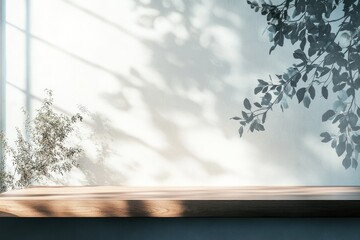 Empty wooden countertop with a softly blurred natural background, featuring lush greenery, dappled sunlight, and a garden scene. Ideal for product display, branding, and digital advertising.