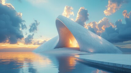 3d render surreal white minimal architecture background with geometric shapes, abstract fantastic design , landmark futuristic panoramic, futuristic scene with copy space, blue sky and cloudy