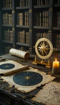 An aged wooden table covered with detailed star charts, alchemical symbols, and ancient scientific manuscripts. A golden astrolabe, open scrolls showing mathematical formulas