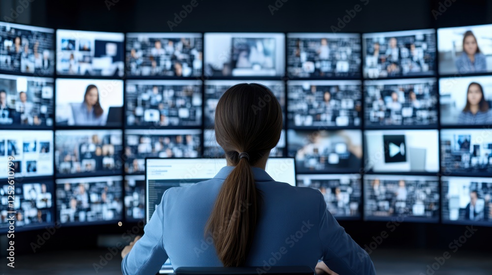 Poster Professional Woman Monitoring Multiple Video Streams on High-Tech Screens in Modern Control Room Setting
