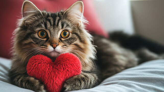 A cute, fluffy cat holding a red, heart-shaped pillow on a bed, with a warm living room background