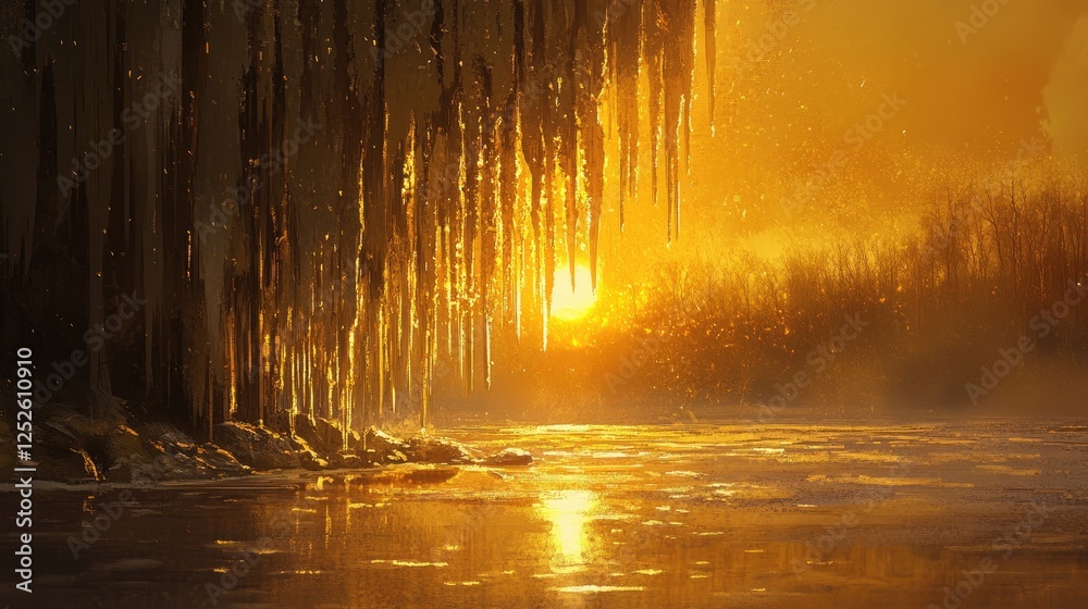 Poster golden sunlight casts a warm glow over icicles hanging from the edge of a frozen lake, creating a br