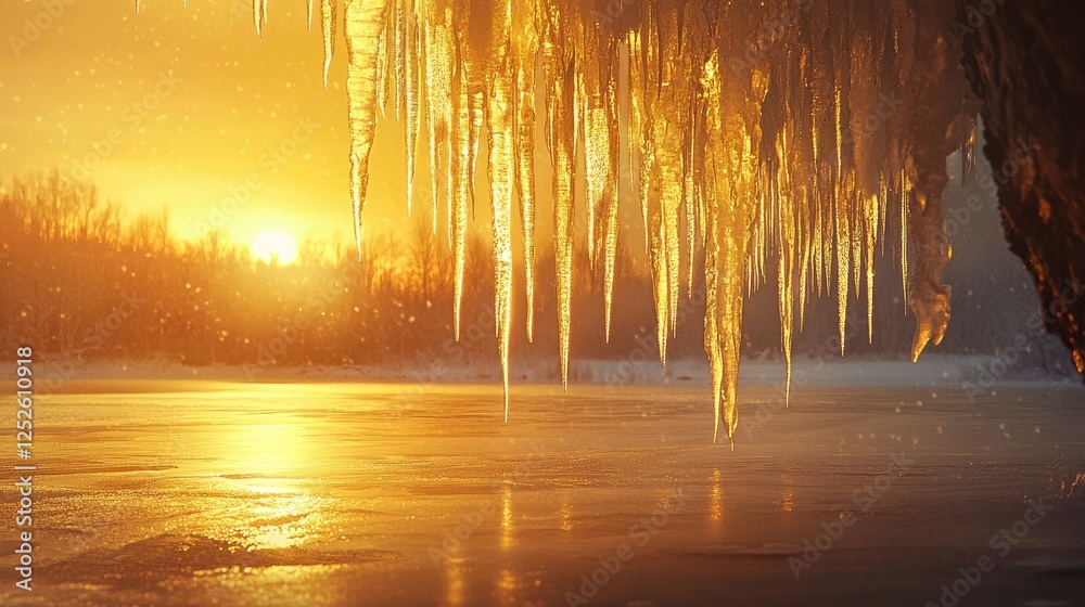 Poster golden sunlight casts a warm glow over icicles hanging from the edge of a frozen lake, creating a br