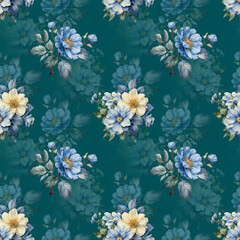 "Elegant Blue and Yellow Floral Pattern on a Deep Teal Background – Vintage Botanical Wallpaper"