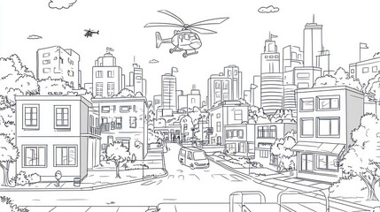 Obraz premium Cityscape helicopter rescue illustration, urban background