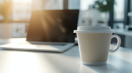 A cup of coffee on the table next to an open laptop, with sunlight streaming through large windows in the blurred background