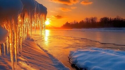 Naklejka premium Icicles hanging over a winter river catch the golden light of a sunset, creating a magical contrast between the cold ice and the warm glow of dusk