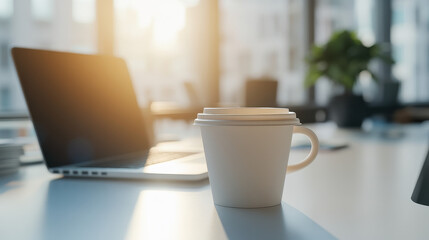 A cup of coffee on the table next to an open laptop, with sunlight streaming through large windows in the blurred background