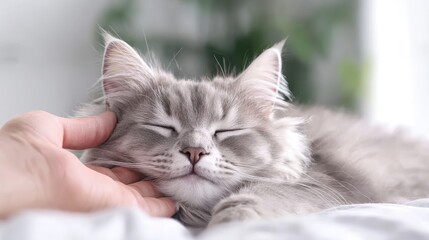 Relaxed grey cat petted gently indoors