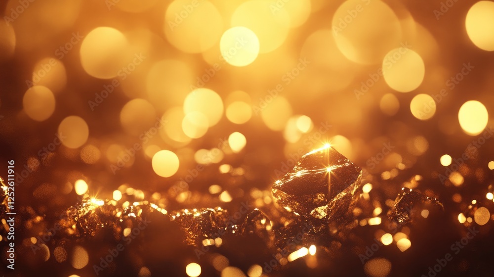 Aufkleber raw gold nuggets shining against a rich backdrop of warm golden bokeh lights, creating a luxurious a