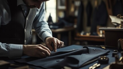 A detailed view of a tailor in a traditional sewing workshop, focused on crafting a bespoke garment, Tailoring workshop scene
